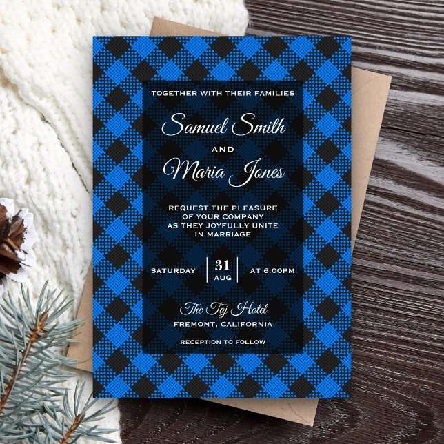 Convite de Casamento Moderno Xadrez Azul Buffalo (Criador carregado)