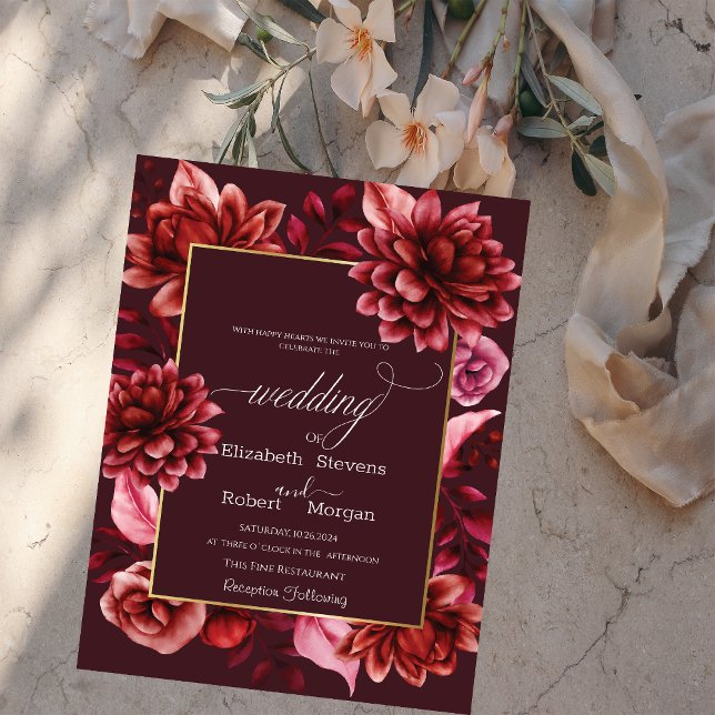 Convite de Casamento Moldura de Flores Vermelhas E (Criador carregado)
