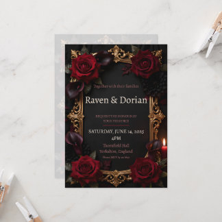 Convite de Casamento Moldura Dourada Rosas Vermelh