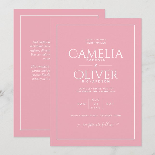 Convite de Casamento MONOCHROME Cor-de-rosa-pincel (Frente/Verso)