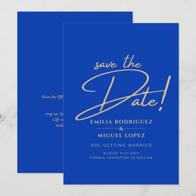 Convite de casamento Monocromático Azul Real Moder (Frente/Verso)