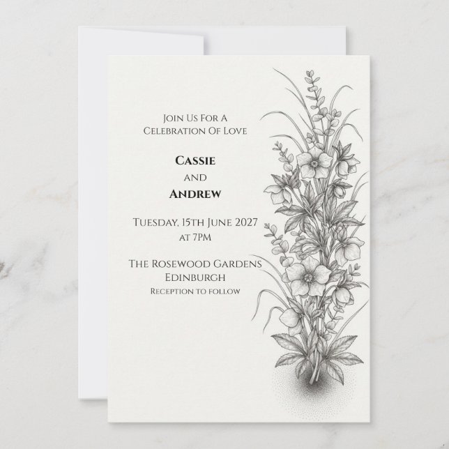 Convite de Casamento Monocromático com Flores Silv (Frente)