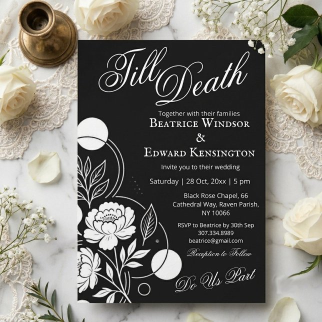 Convite de Casamento Monocromático Gótico Até que  (Gothic Monochrome Till Death Do Us Part Wedding Invitation)