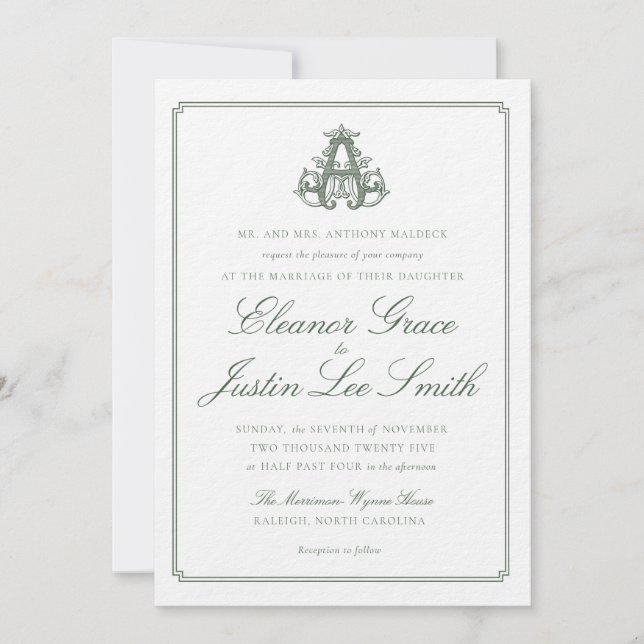 Convite de Casamento Monograma "A" Verde Escuro (Frente)