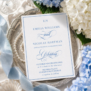 Convite de Casamento Monograma Azul e Branco