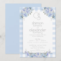 Convite De Casamento | Monograma Azul Gingham Flor