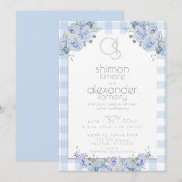 Convite De Casamento | Monograma Azul Gingham Flor