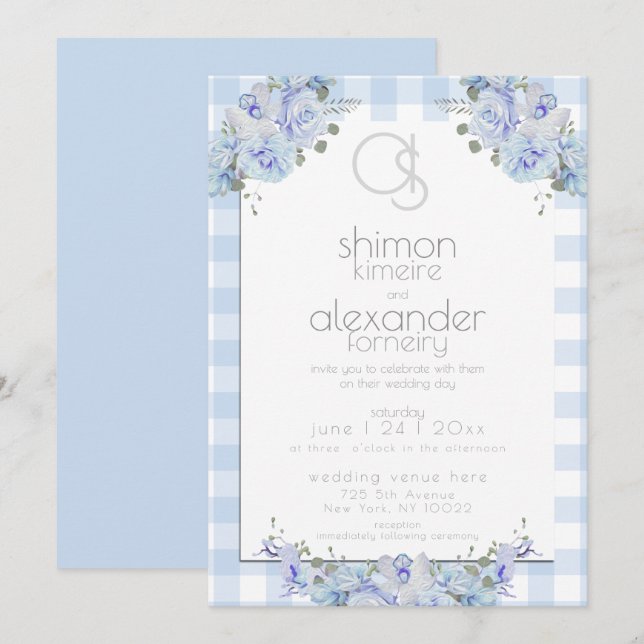 Convite De Casamento | Monograma Azul Gingham Flor (Frente/Verso)