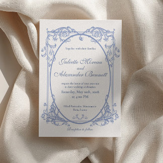 Convite de Casamento Monograma Barroco Azul Empoei