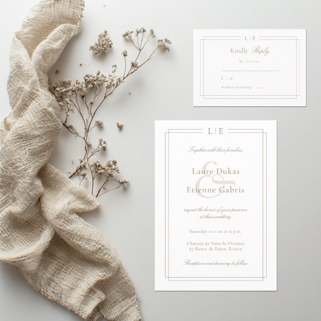 Convite de Casamento Monograma Branco Rosa Dourado (Criador carregado)