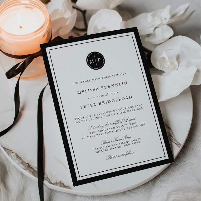 Convite de Casamento Monograma Clássico Preto e Br (Criador carregado)