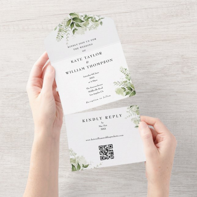 Convite de Casamento Monograma Código QR Floral Ve (Aba destacável)