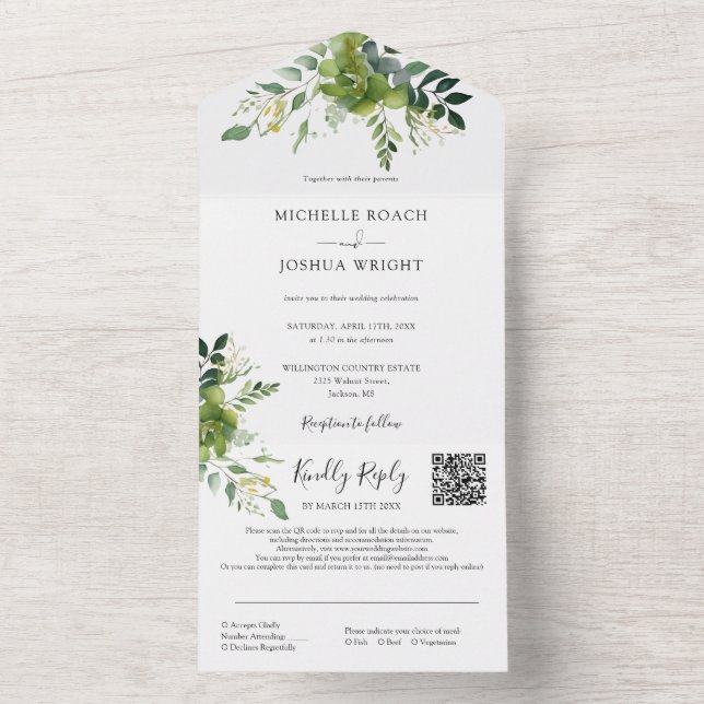 Convite de Casamento Monograma Código QR Floral Ve (Interno)