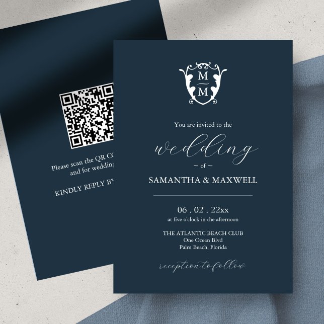 Convite de Casamento Monograma com Código QR Azul (custom monogram wedding invitation QR code navy blue)