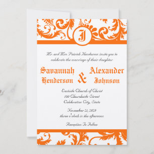 Convite de Casamento Monograma Damask Laranja