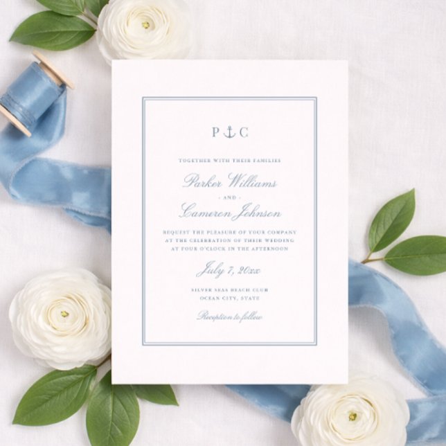 Convite de Casamento Monograma de Âncora Azul Mari (Nautical Anchor Monogram Wedding Invitation in Dusty Blue by Coastal Map Designs)