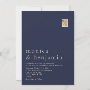Convite de Casamento Monograma Dourado Azul Naval