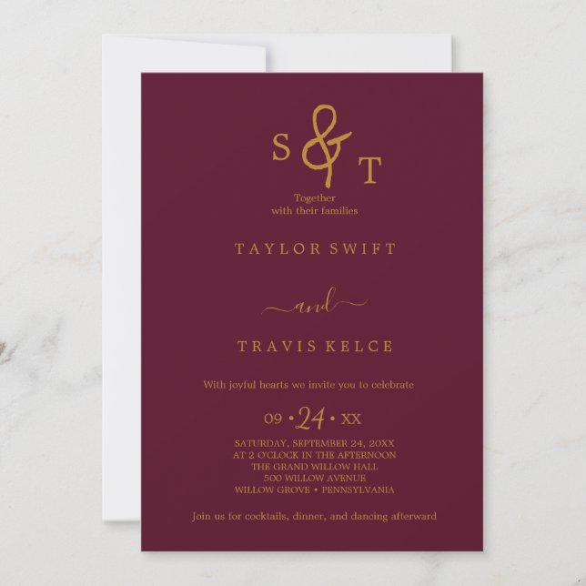 Convite de Casamento Monograma Dourado e Burgundy (Frente)