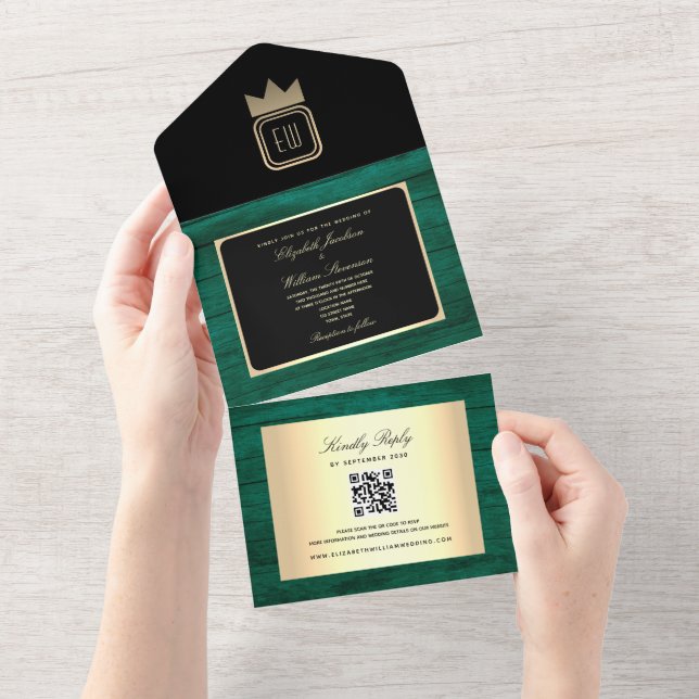 Convite de Casamento Monograma Dourado Preto Verde (Tearaway)