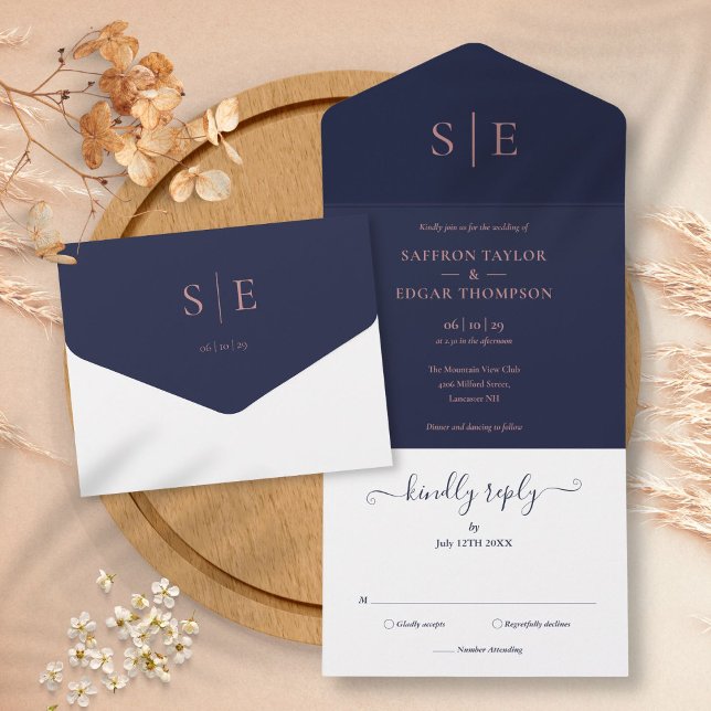 Convite de Casamento Monograma Elegante Azul Marin (Monogram Elegant Navy Blue And Rose Gold Wedding All In One Invitation)