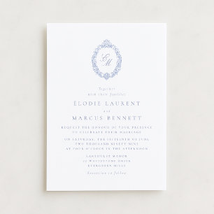 Convite de Casamento Monograma Elegante Azul Vitor
