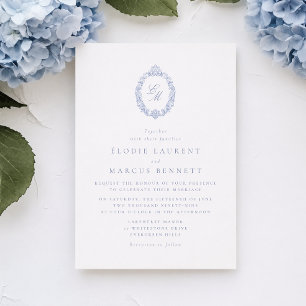 Convite de Casamento Monograma Elegante Azul Vitor