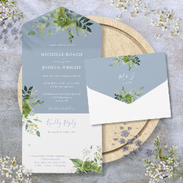 Convite de Casamento Monograma em Azul Poeira com