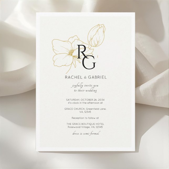 Convite de Casamento Monograma Floral Chic Marfim (Criador carregado)