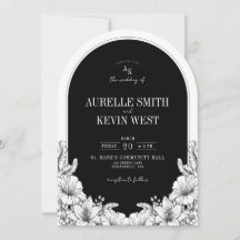 Convite de Casamento Monograma Floral Preto Branco