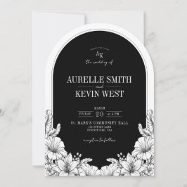 Convite de Casamento Monograma Floral Preto Branco