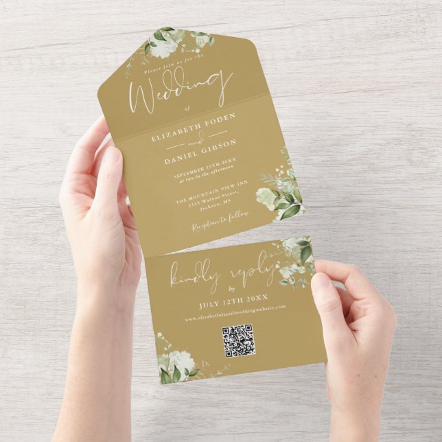 Convite de Casamento Monograma Floral Verde Dourad (Aba destacável)