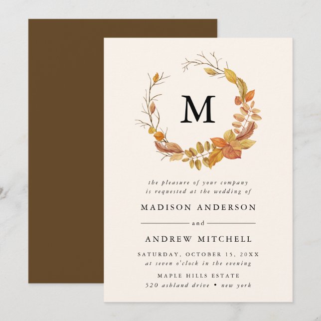 Convite de Casamento Monograma | Folhas de Outono (Frente/Verso)