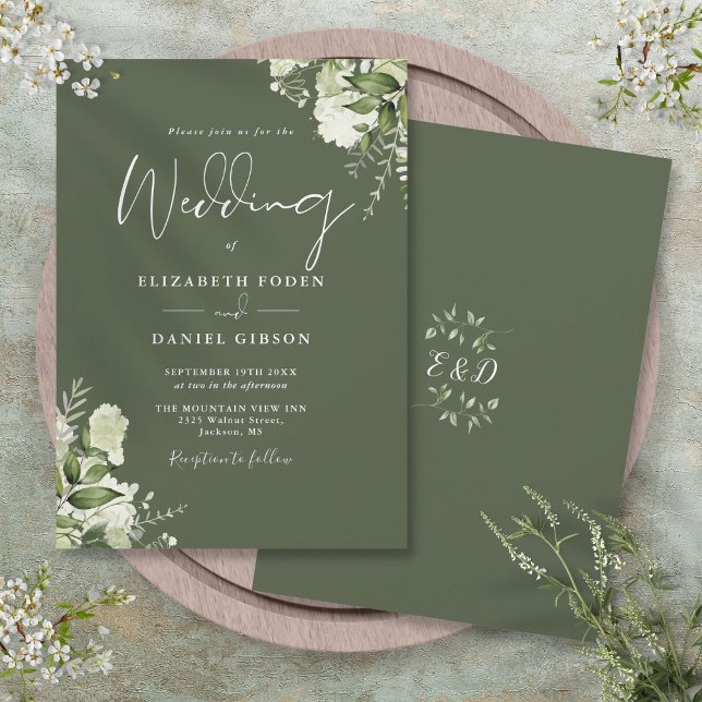 Convite de Casamento Monograma Folhas Verde Oliva (Olive Green Greenery Leaves Monogram Wedding Invitation)