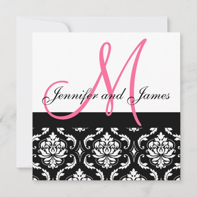 Convite de Casamento Monograma Nomes Rosa Damask (Frente)