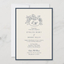 Convite de Casamento Monograma Outono Azul Marinho