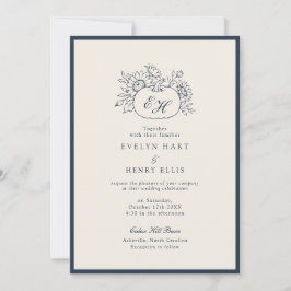 Convite de Casamento Monograma Outono Azul Marinho