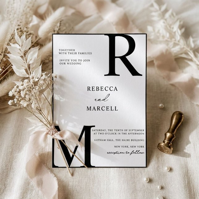 Convite de Casamento Monograma Preto Branco Modern (Criador carregado)