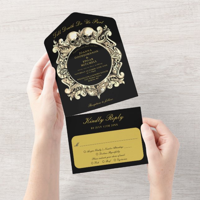 Convite de Casamento Monograma Preto e Dourado Til (Aba destacável)