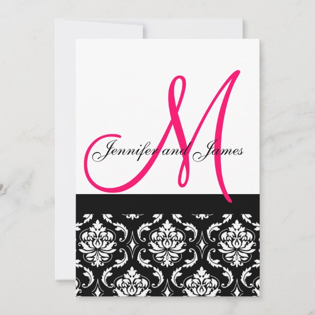 Convite de Casamento Monograma Preto Rosa Damask (Frente)