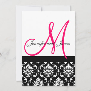 Convite de Casamento Monograma Preto Rosa Damask
