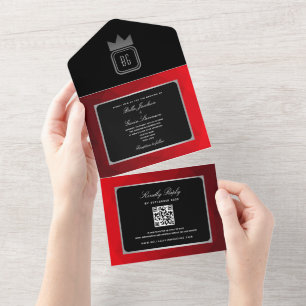 Convite de Casamento Monograma Preto Vermelho Prat