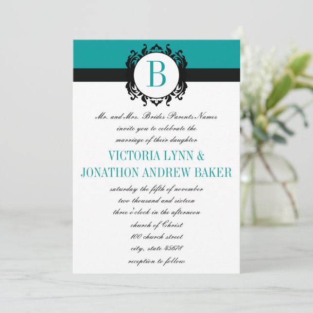 Convite de casamento Monograma Profundo Aqua Damas (Em pé/Frente)