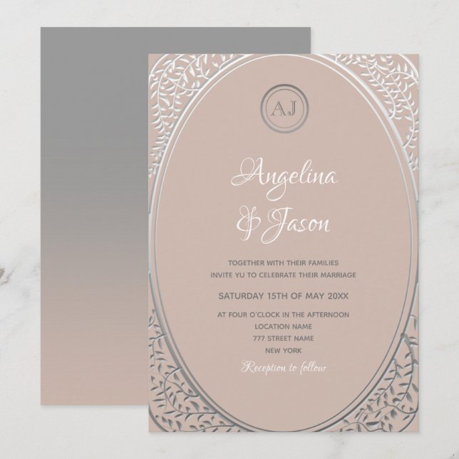Convite de Casamento Monograma Rosa e Prata (Frente/Verso)