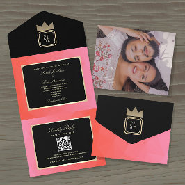 Convite de Casamento Monograma Rosa Elegante com D