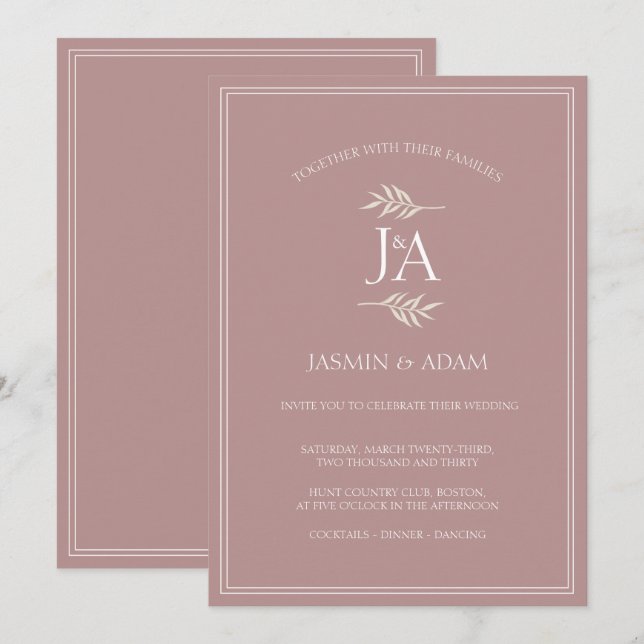 Convite de Casamento Monograma Rosa Poeira Elegant (Frente/Verso)