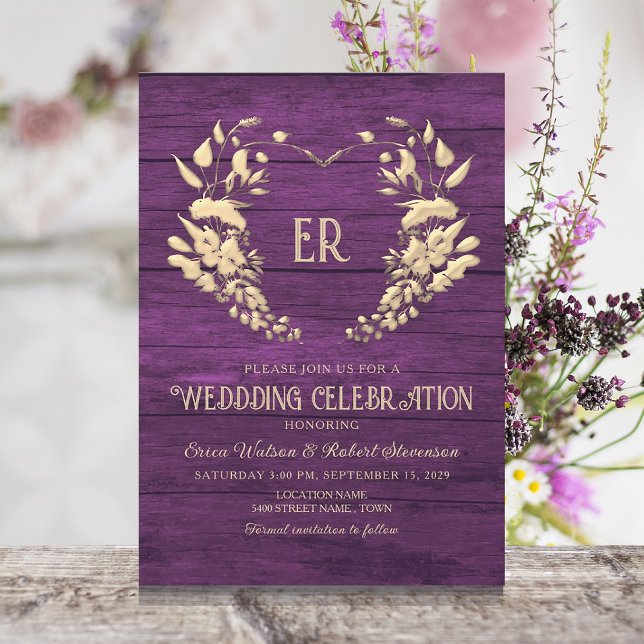 Convite de Casamento Monograma Roxo de Madeira Rús (Criador carregado)