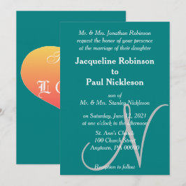 Convite de Casamento Monograma Verde Teal Coração