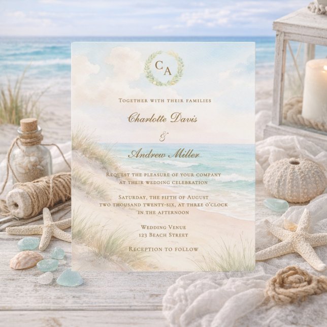 Convite de casamento monogramado na praia costeira (Criador carregado)