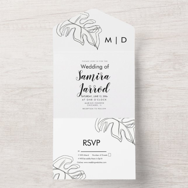 Convite de Casamento Monstera Folha Dupla Linha Ar (Interno)