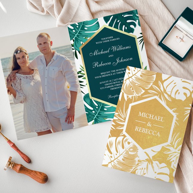 Convite de Casamento Monstera Verde Teal com Folha (Criador carregado)